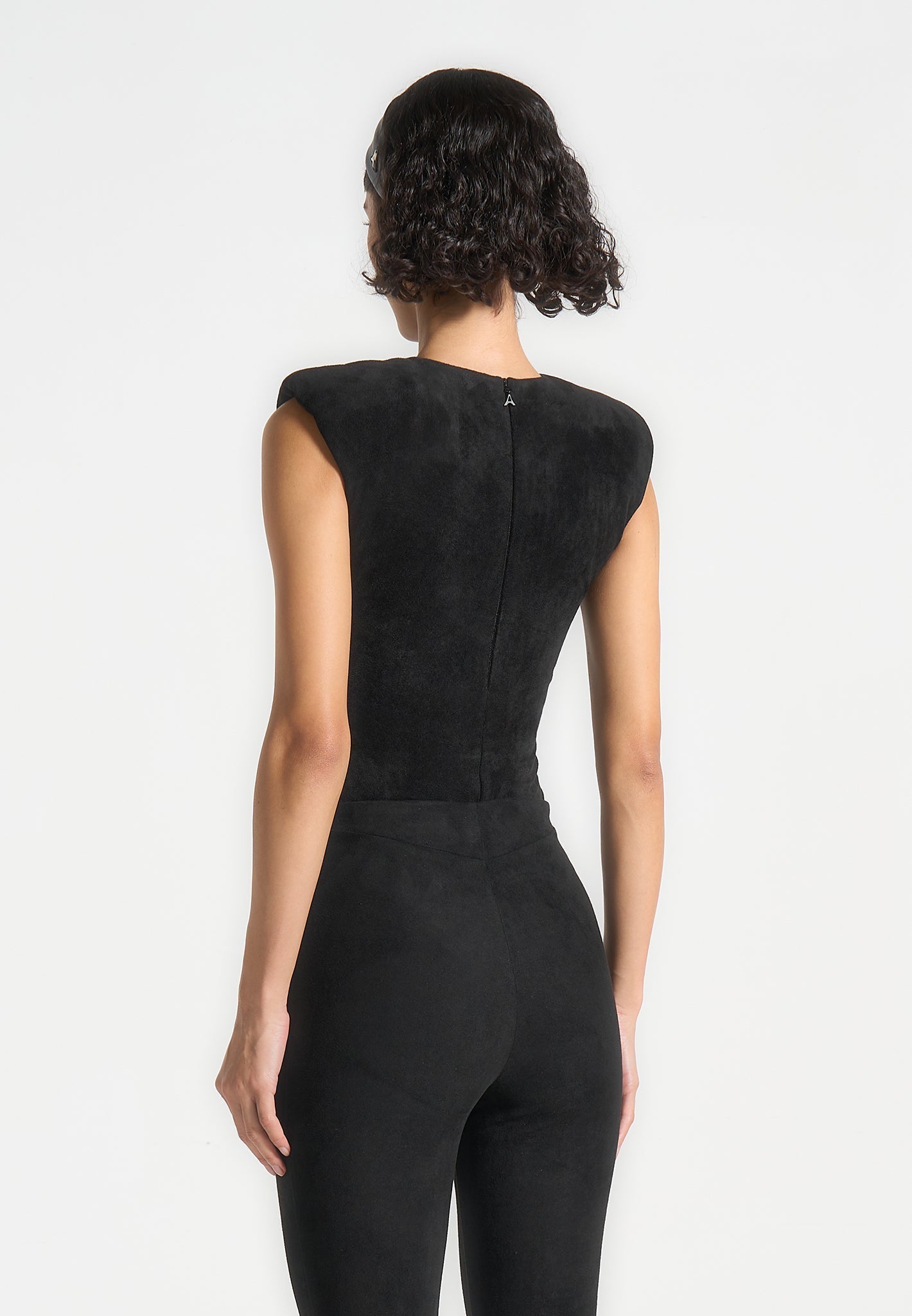 Wide Shoulder Suede Bodysuit - Black