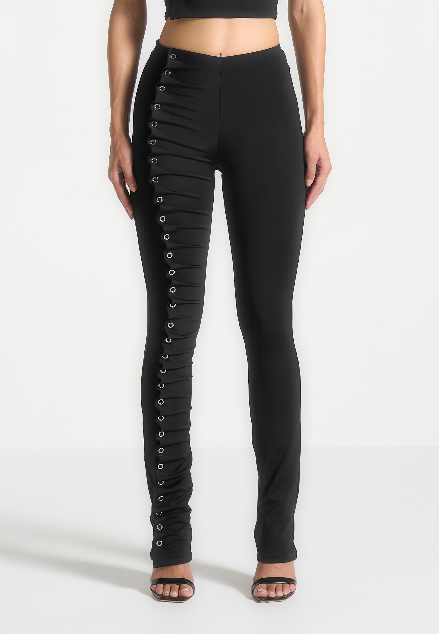 Eyelet Detail Tacked Leggings - Black