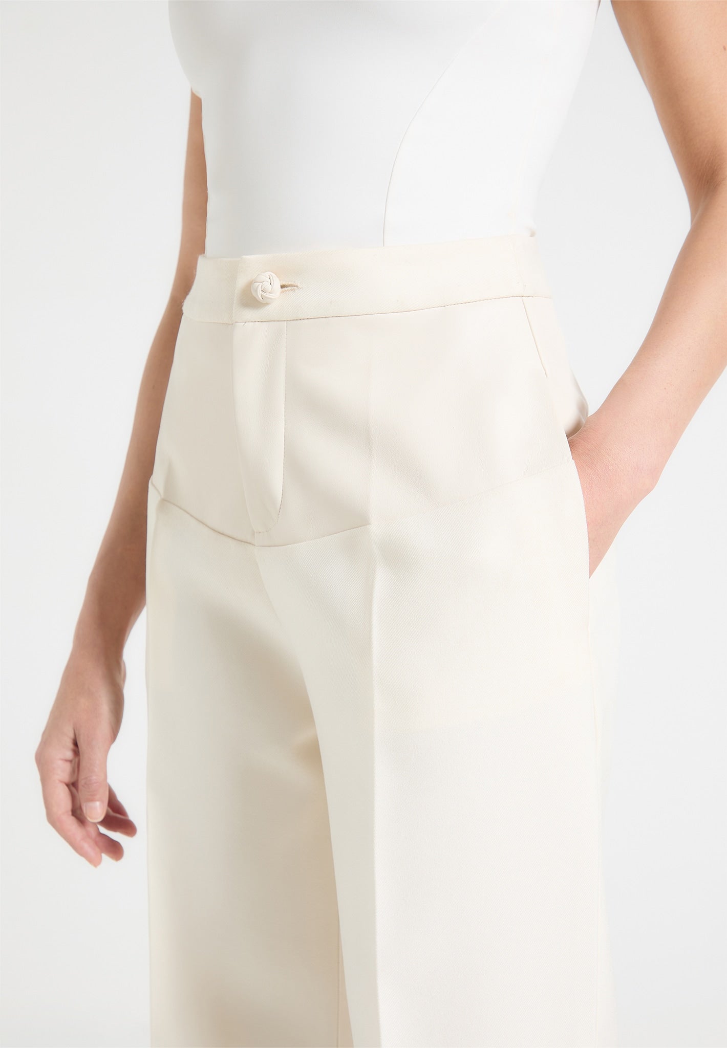 Leather Panel Tailored Trousers - Cream