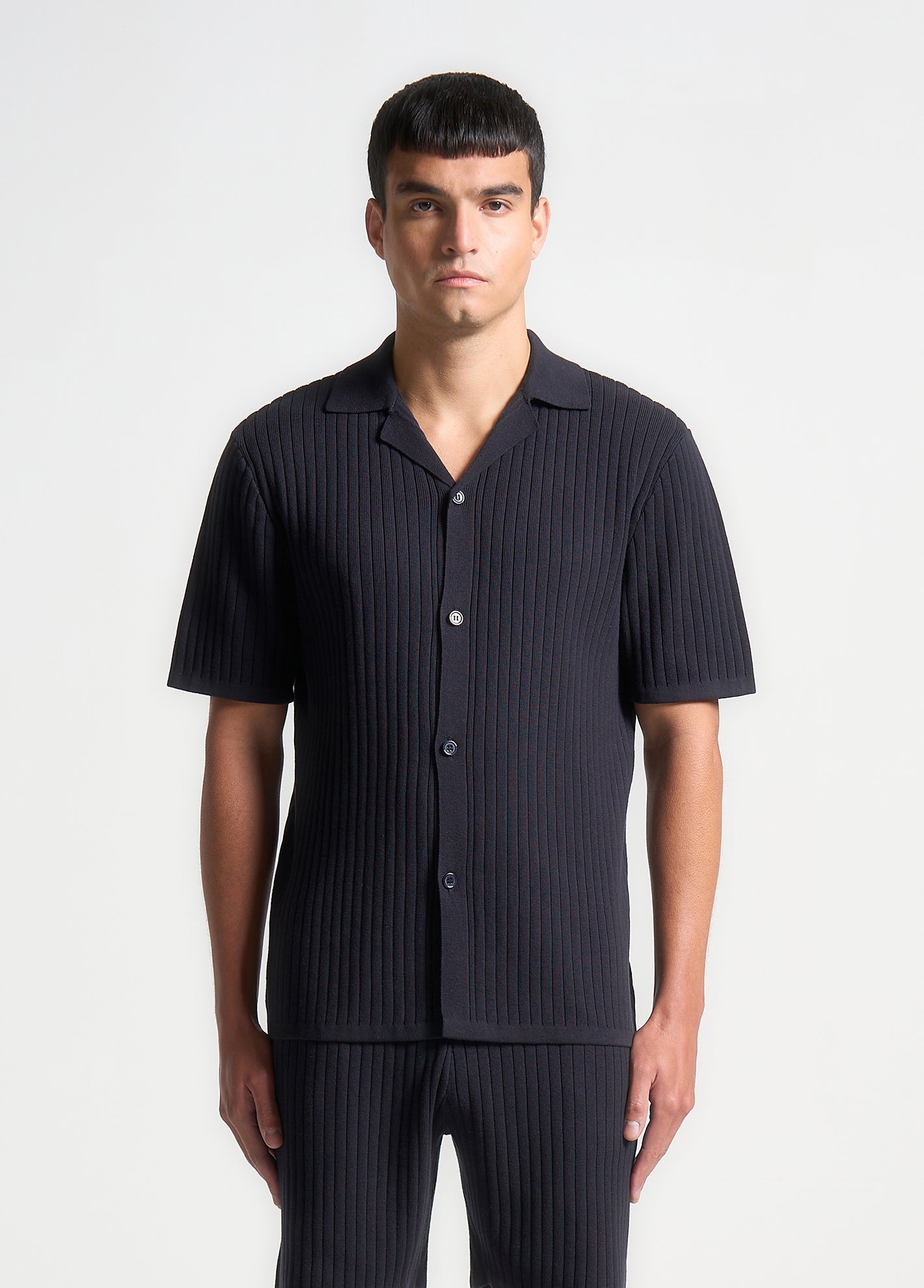Ribbed Knit Revere Shirt - Navy