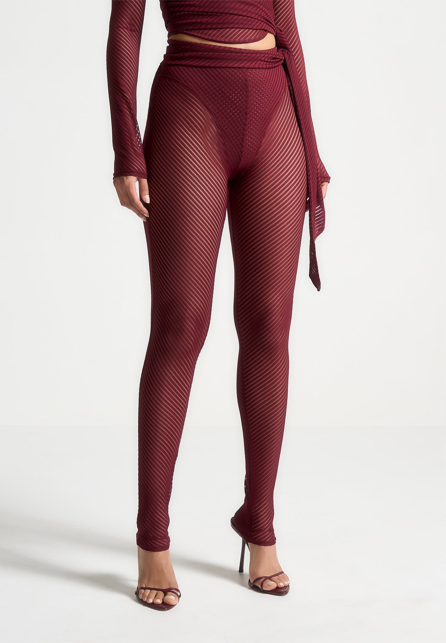 Ribbed Sheer Leggings with Tie - Wine Red
