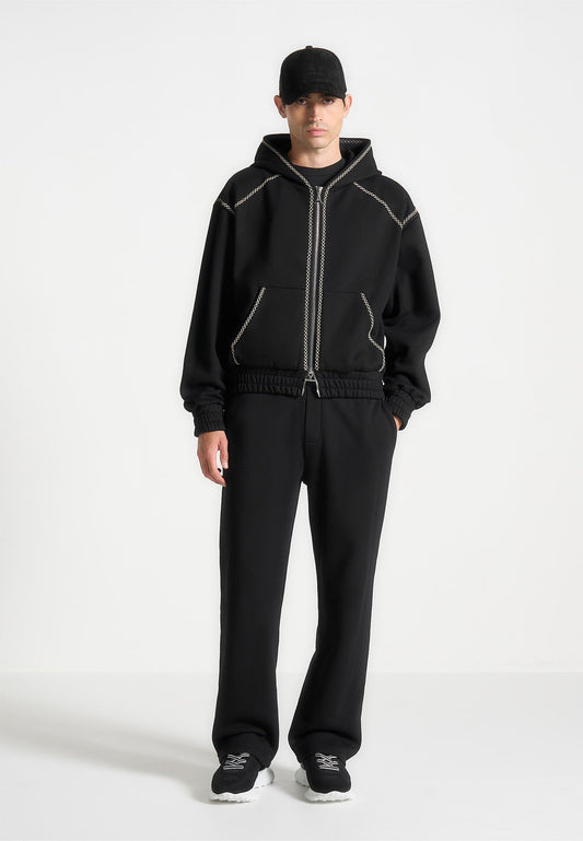 Whipstitch Raglan Effect Zip Hoodie - Black